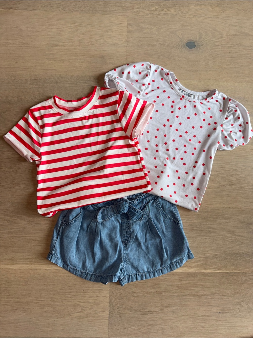 Girls' Red Stripe & Polka Dot Tee Set with Denim Shorts